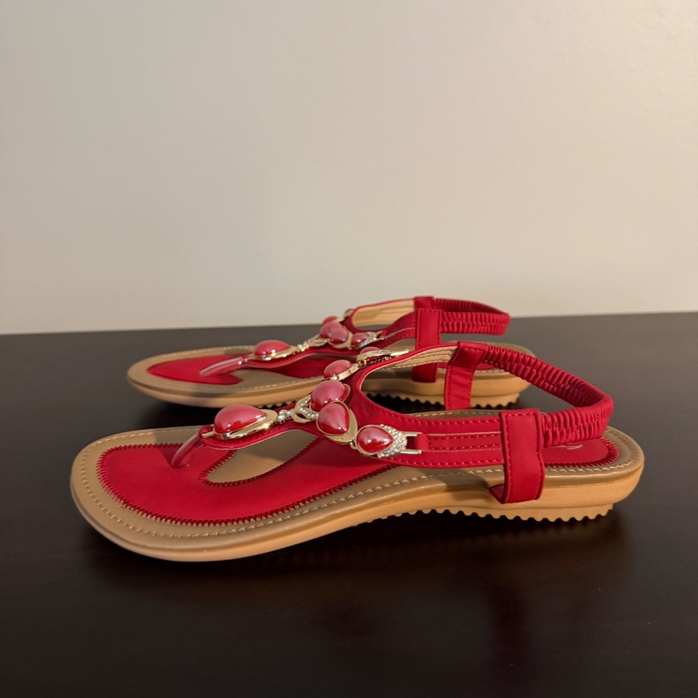 Shibever Boho Sandals NWOT Rhinestones Flat Walking Thong Sandals - Picture 5 of 10